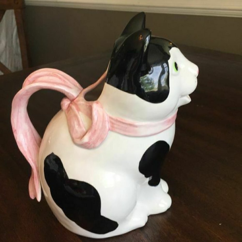 Fitz & Floyd Black & White Cat w/Pink Ribbon Bow